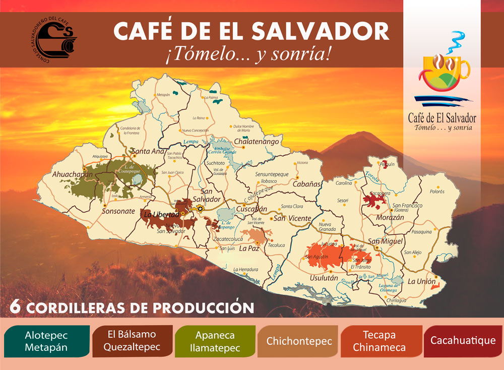 Mapa que presenta la Ruta del Café en El Salvador.