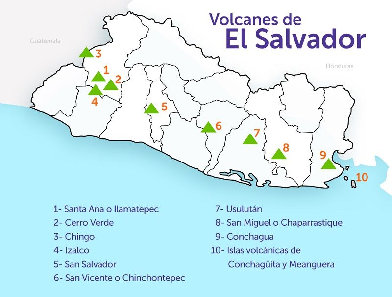 Mapa con los diferentes volcanes en El SAlvador.