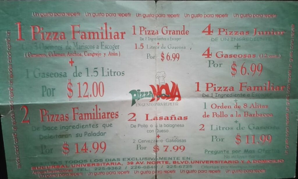Menú de Pizza Nova anterior al año 2005.