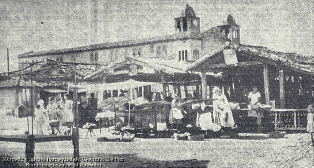 Mercado y la iglesia parroquial de Olocuilta. 