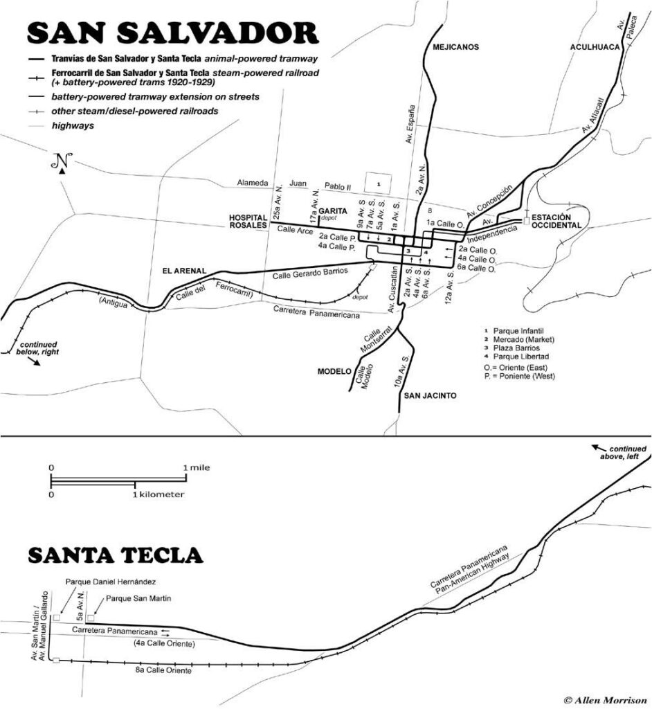 Planos de las tranvías y el ferrocarril entre San Salvador y Santa Tecla.
